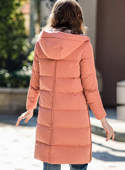 Orange Hooded Zipper-front Long Sleeve Puffer Coat