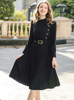 Deep Blue Stand Collar Pleated Dress With Belt