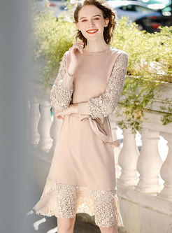 Stylish Apricot Tied Thicken Bottoming Knitted Dress
