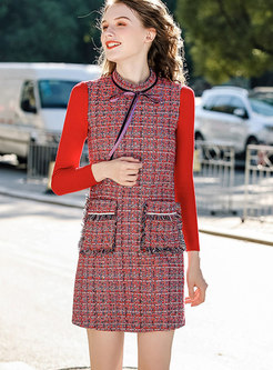 Fashion Red Long Sleeve Splicing Tweed Dress With Bowknot 