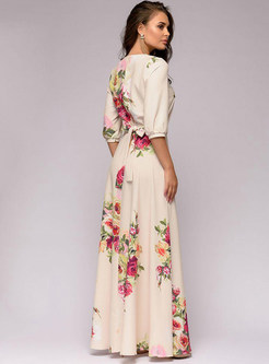 Fashion O-neck Lace Sleeve Casual Print Maxi Dress