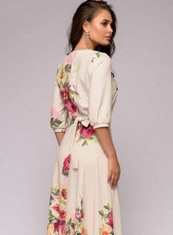 Fashion O-neck Lace Sleeve Casual Print Maxi Dress