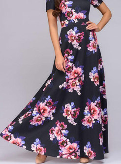 Elegant O-neck Short Sleeve Floral Prom Maxi Dress