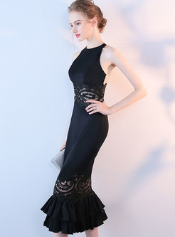 Sexy Black Sleeveless See-through Mermaid Prom Dress