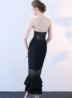 Sexy Black Sleeveless See-through Mermaid Prom Dress