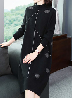 Chic Hit Color High Neck Loose Knitted Dress
