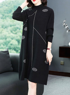 Chic Hit Color High Neck Loose Knitted Dress