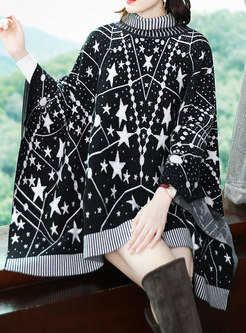 Fashionable High Neck Stars Pattern Asymmetric Sweater