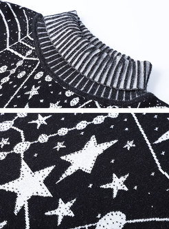 Fashionable High Neck Stars Pattern Asymmetric Sweater