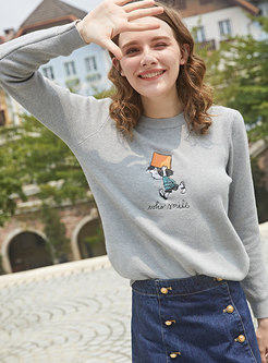 Casual Grey Cartoon Embroidery Pullover Sweater