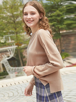 Fashion Khaki O-neck Long Sleeve High-low Sweater