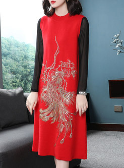 Stylish Embroidered O-neck Sleeveless Knitted Dress