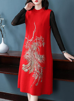 Stylish Embroidered O-neck Sleeveless Knitted Dress