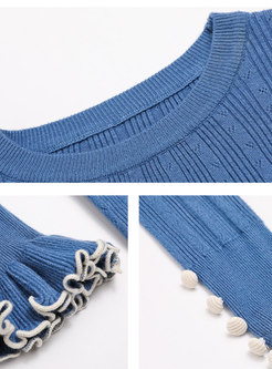 Chic Blue Flare Sleeve Slim Knitted Sweater