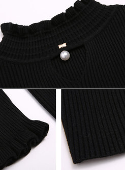 Stylish Half High Neck Keyhole Beaded Knitted Sweater