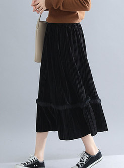 Casual Black Plus Size High Waist Velvet Pleated Skirt