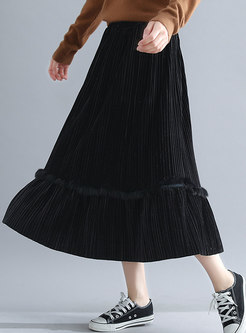 Casual Black Plus Size High Waist Velvet Pleated Skirt