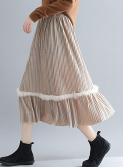 Casual Khaki Plus Size High Waist Velvet Pleated Skirt