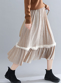 Casual Khaki Plus Size High Waist Velvet Pleated Skirt