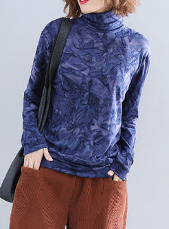 Fashion Blue Turtle Neck Velvet Long Sleeve T-Shirt