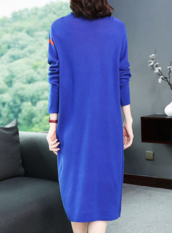 Stylish Color-blocked Half Turtle Neck Loose Knitted Dress
