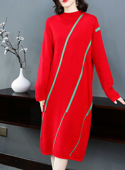 Color-blocked Half Turtle Neck Loose Knitted Dress