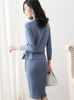Solid Color Elastic Sweater & Knitted Bodycon Skirt