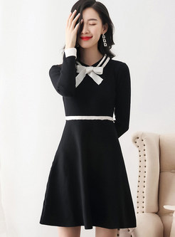 Color-blocked Bowknot Lapel Knitted Skater Dress