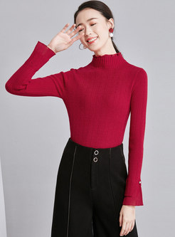 Pure Color Splicing Ruffled Collar Slim Knitted Sweater