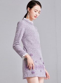 Winter Splicing Ruffled Collar Woolen Mini Dress
