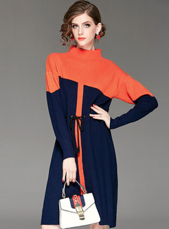 Chic Standing Collar Hit Color Gathered Waist Dress