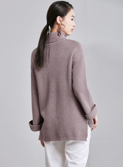 Solid Color Flare Sleeve High Neck Loose Sweater