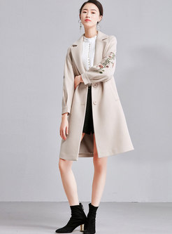 Elegant Embroidered Turn Down Collar Single-breasted Woolen Coat