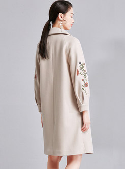 Elegant Embroidered Turn Down Collar Single-breasted Woolen Coat