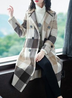 Color-blocked Notched Plaid Double-breasted Overcoat