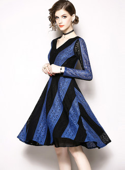 Fashion V-neck Color-blocked Lace Splicing Skater Dress