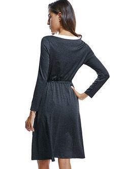 Color-blocked V-neck Waist Slit Knee-length Dress