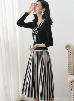 Fashion Slim Knitted Color-blocked Two Piece Outfits