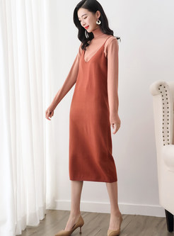 High Neck Long Sleeve Sweater & Sling Mid-claf Dress