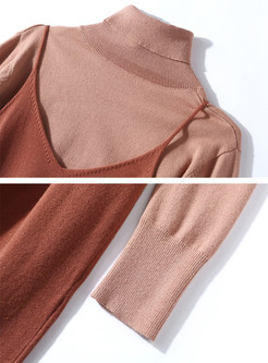 High Neck Long Sleeve Sweater & Sling Mid-claf Dress