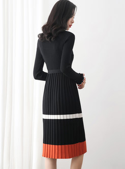 Standing Collar Color-blocked Knitted Slim Dress