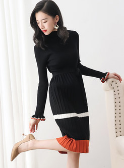 Standing Collar Color-blocked Knitted Slim Dress