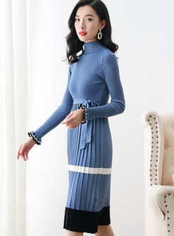 Color-blocked Slim Splicing Long Sleeve Pleated Dress
