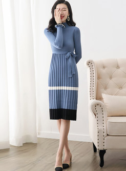 Color-blocked Slim Splicing Long Sleeve Pleated Dress