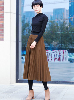 Fashion Brown High Waist Pleated Hairy Skirt