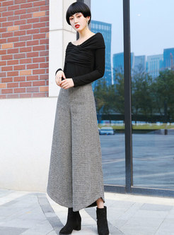 Fashion Light Khaki Tweed Woven Asymmetric Hem Pants