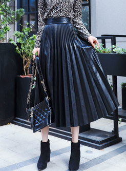 Stylish PU Black Autumn A Line Maxi Skirt