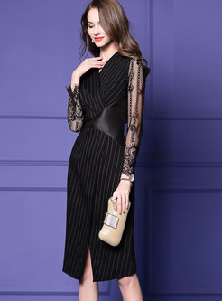 Stylish Black V-neck Striped Lace Paneled Split Dress