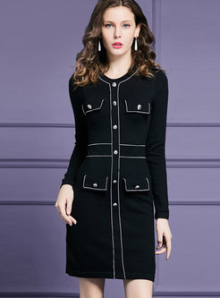 Black Crew-neck Long Sleeve Knitted Sweater Dress