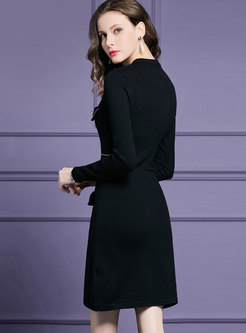 Black Crew-neck Long Sleeve Knitted Sweater Dress